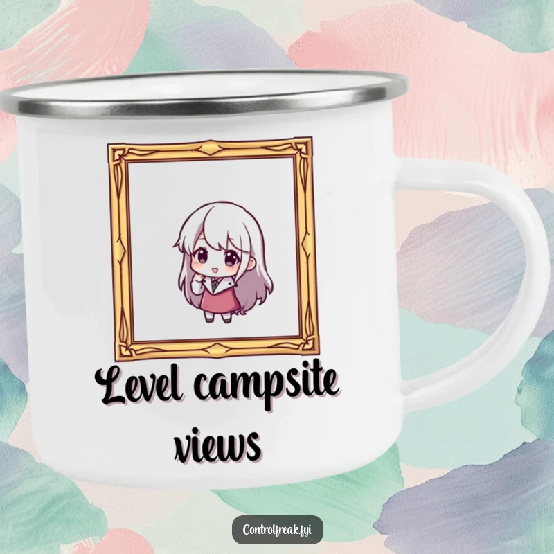 Funny camping mug: A character is carefully adjusting a slightly tilted picture frame, symbolizing attention to detail outdoors.
