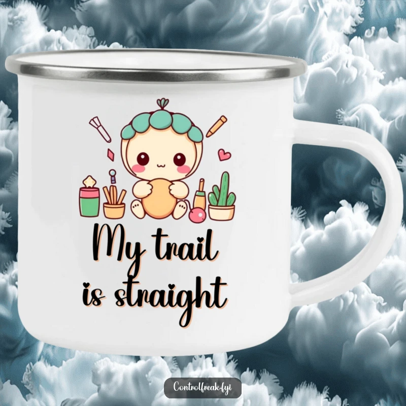 Funny enamel camping mug with a kawaii character creating perfectly straight lines, ideal for rustic and humorous settings.