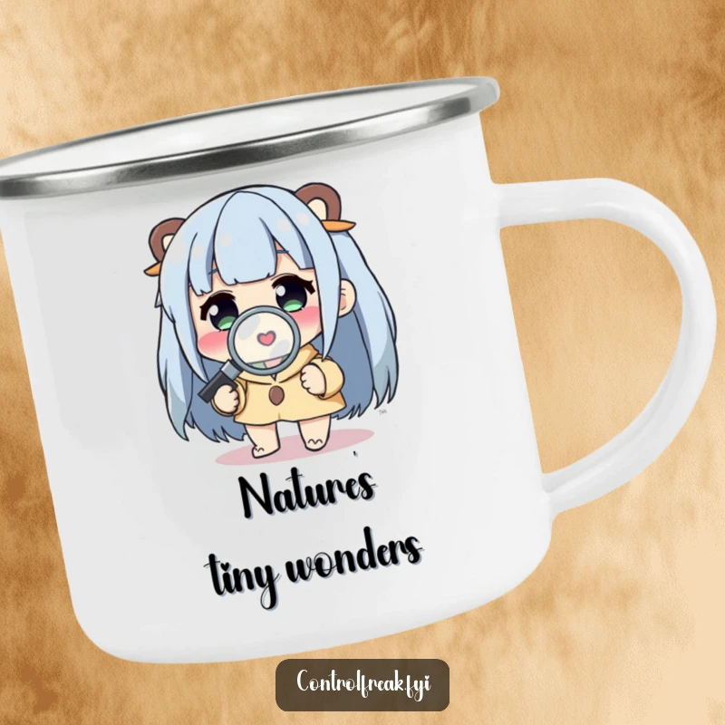 Funny Camping Mug: Character intently examining a tiny detail with a magnifying glass, a humorous and durable mug for adventurers.