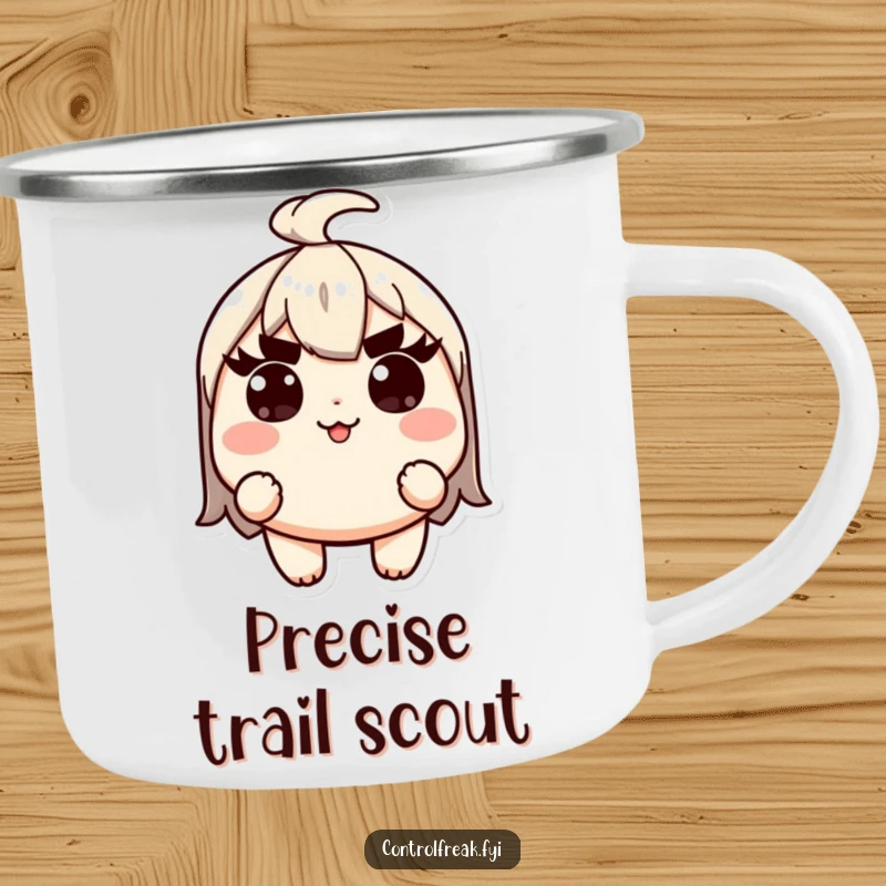 Funny Kawaii character camping mug, with raised eyebrows, ensuring precision for meticulous outdoor enthusiasts.