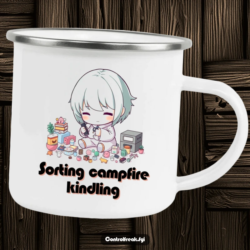 Funny camping mug: A character meticulously sorts tiny items into precise size categories, symbolizing organization during outdoor adventures.