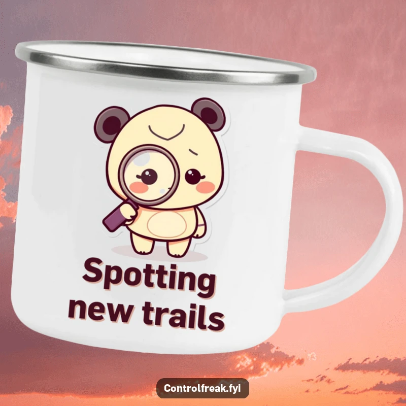 Funny Camping Mug with a tiny character using a magnifying glass to intently inspect a dot, perfect for outdoor adventures and humor.