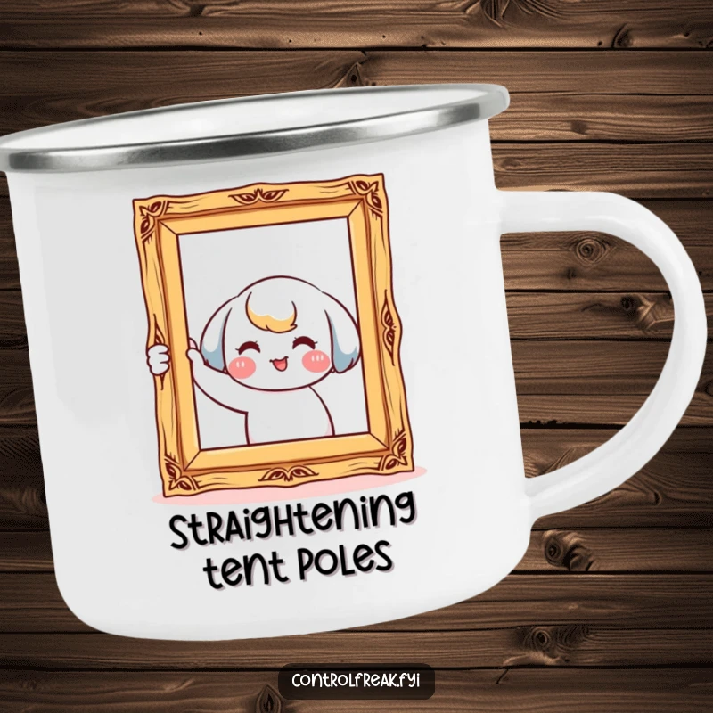 Funny camping mug with a kawaii character smiling while meticulously straightening a crooked picture frame, ideal for neat outdoor sips.