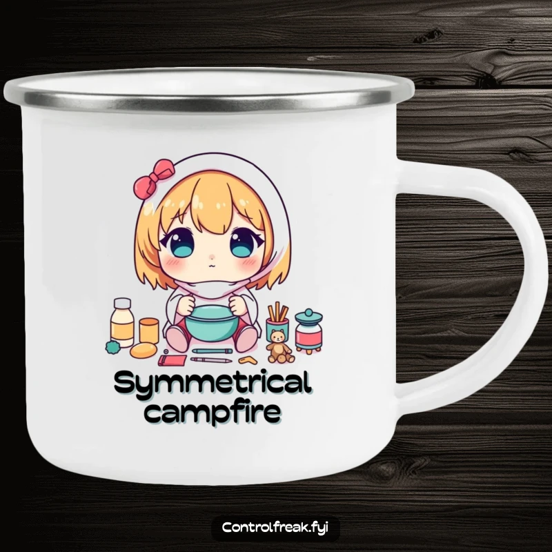 Funny camping mug with a kawaii character carefully arranging items in a perfectly symmetrical pattern, ideal for neat outdoor sips.