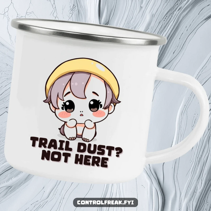 Funny camping mug: A cute character meticulously wipes a single, perfect circle, embodying neatness during outdoor adventures.