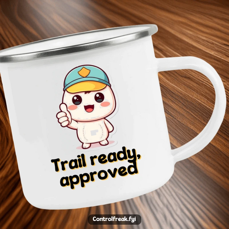 Funny kawaii character giving a thumbs-up for order, durable camping mug for neat enthusiasts, perfect funny gift for campers.