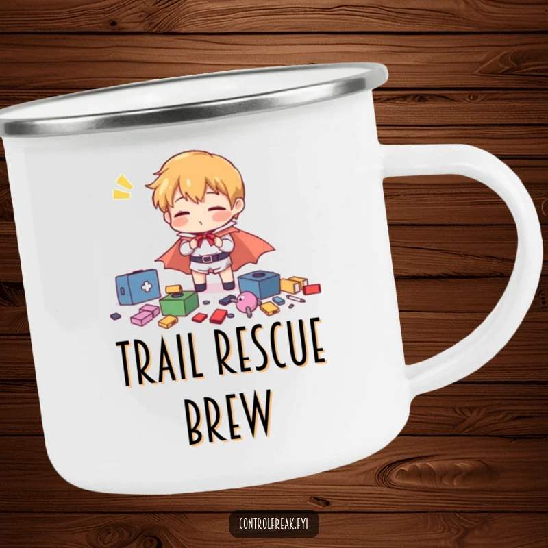 Funny character heroically and comically organizing scattered items with exaggerated effort, on a sturdy camping mug.