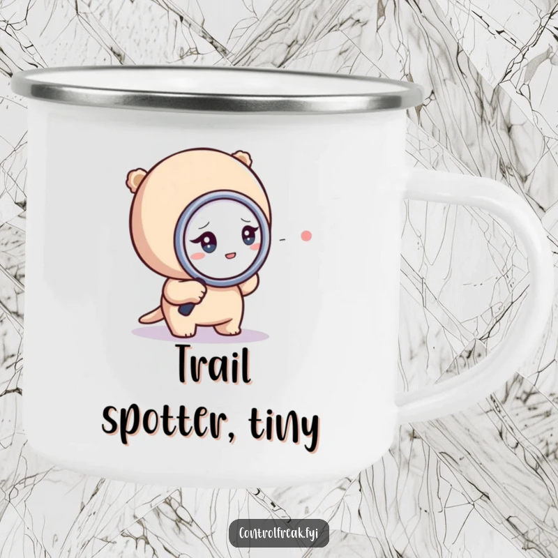 Funny camping mug with a tiny character intently inspecting a dot with a magnifying glass, perfect for focused outdoor enjoyment.