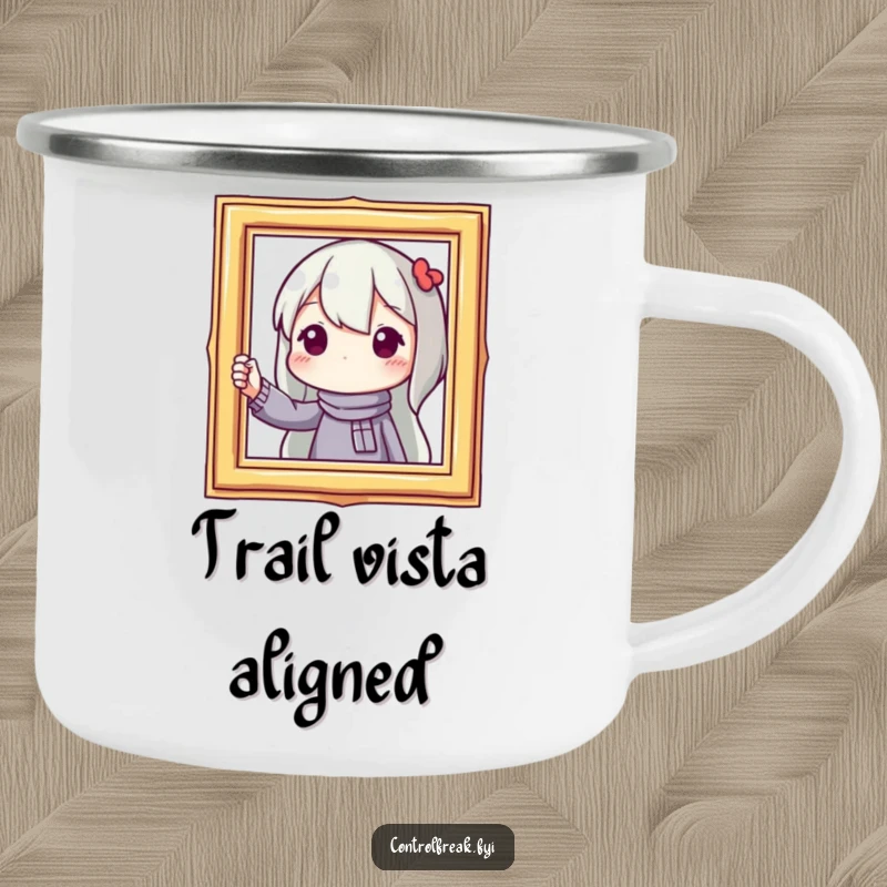 Funny camping mug featuring a character straightening a picture frame, perfect for keeping things precise during outdoor adventures.