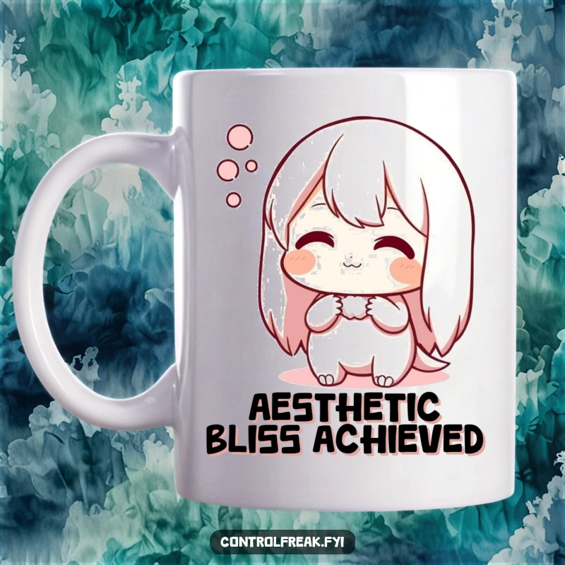 Funny mug featuring a character sighing contentedly while admiring a perfect arrangement, symbolizing deep satisfaction, great gift.