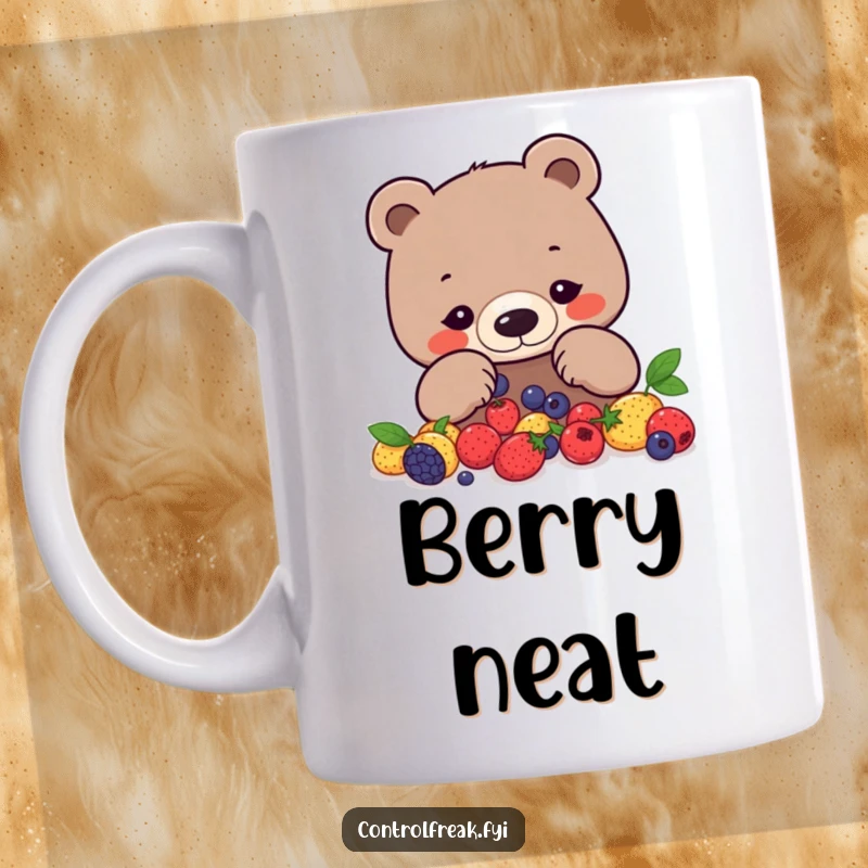 Funny bear mug showing a focused bear meticulously arranging berries into a precise geometric pattern.