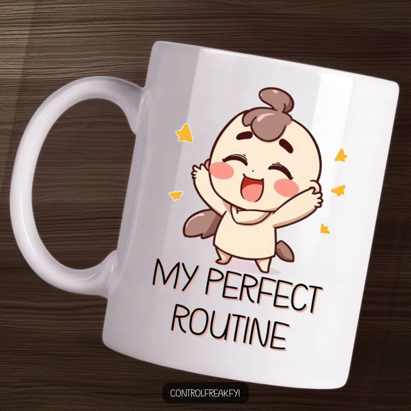 Funny mug featuring a character performing fast, ordered gestures with extreme satisfaction, celebrating a job well done, a joyful and humorous gift.