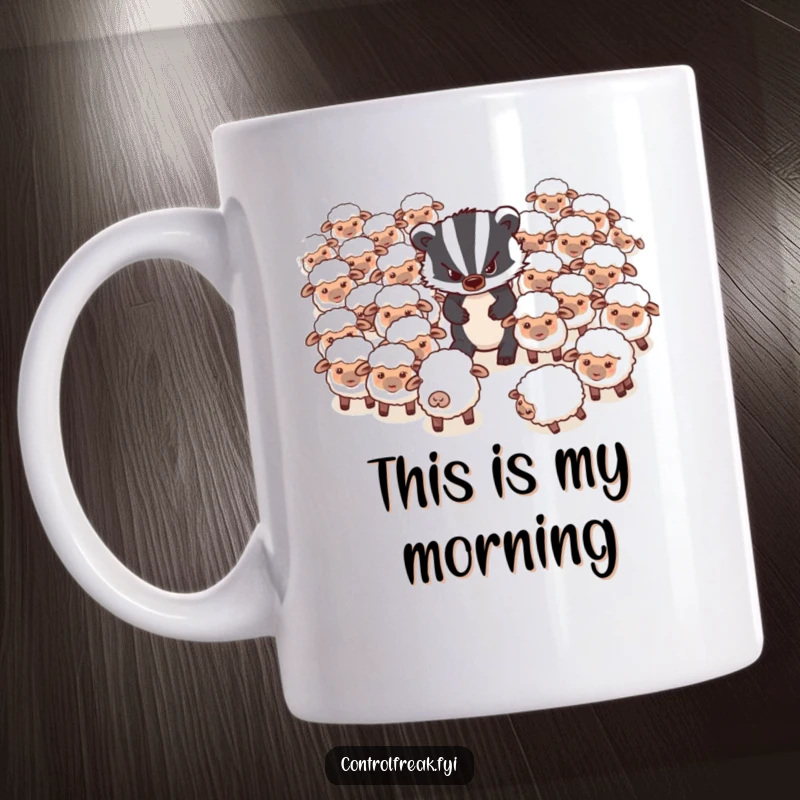 Funny Coffee Mug: A grumpy badger struggles to herd a flock of very disorganized and scattered sheep.