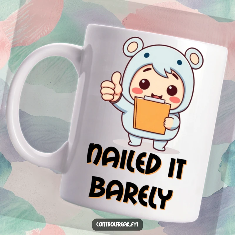 Funny Mug: Enthusiastic character with a clipboard gives a massive thumbs-up, celebrating a minor task with over-the-top joy. A perfect funny gift idea.