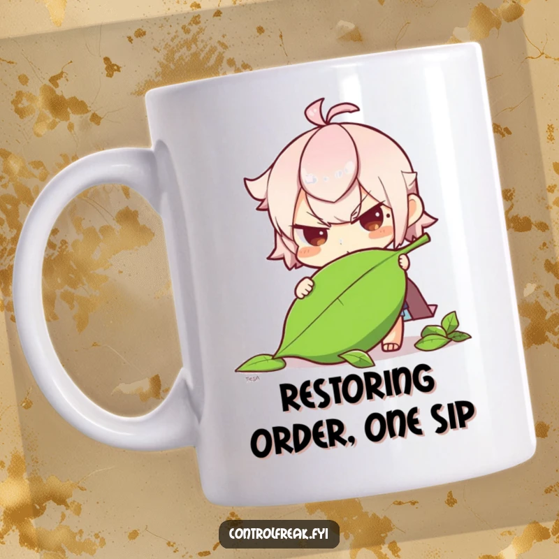 Funny character with a determined expression carefully straightening a fallen leaf, embodying nature's care.