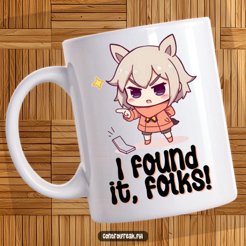 Funny mug featuring a character dramatically pointing with great importance at a misplaced item, embodying a comical sense of urgency.