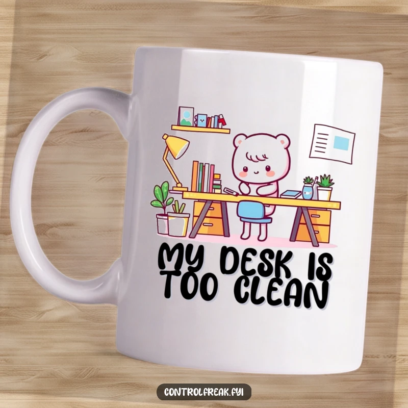 Funny Kawaii character meticulously tidying an already spotless desk, a humorous gift for neat freaks.