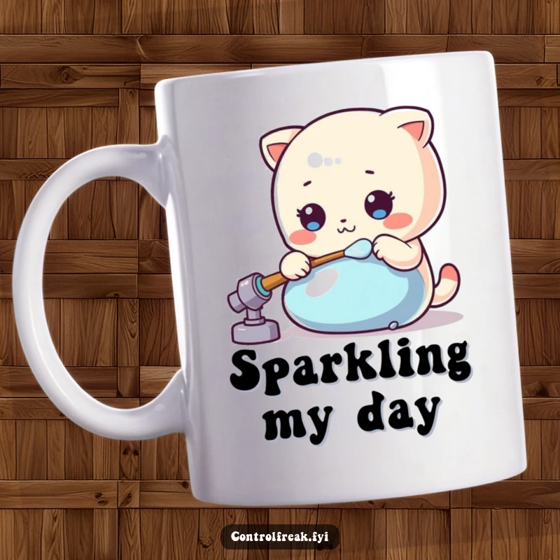 Funny Kawaii character meticulously polishing a shiny object to a brilliant gleam with a happy expression.