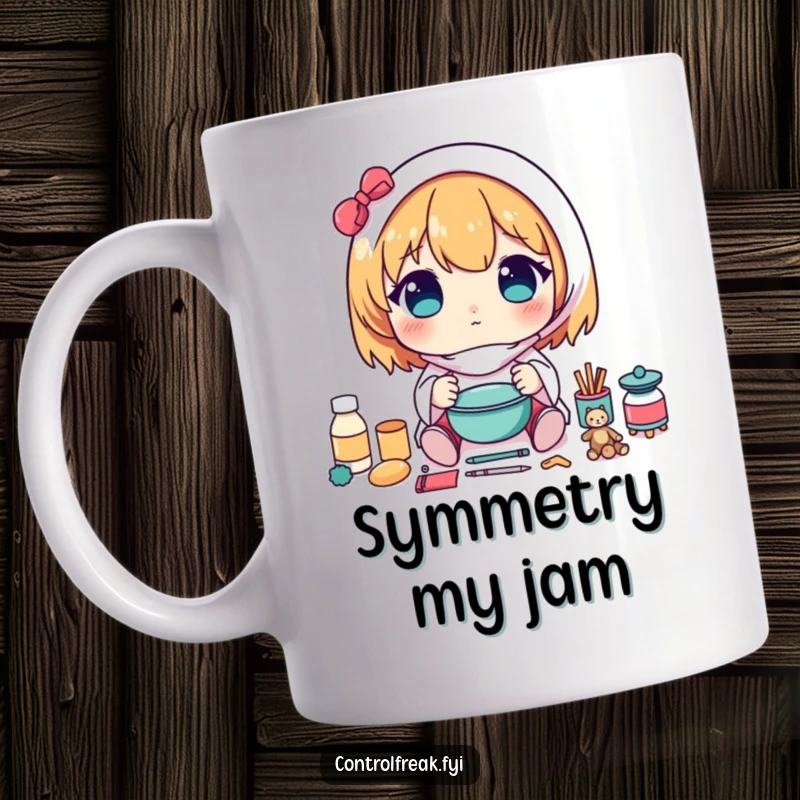 Funny kawaii character mug, carefully arranging items in a perfectly symmetrical pattern, celebrating order and balance.