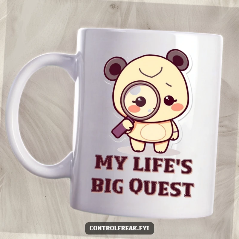 Funny Mug featuring a tiny character intently using a magnifying glass to point at a single, small dot, highlighting extreme focus.