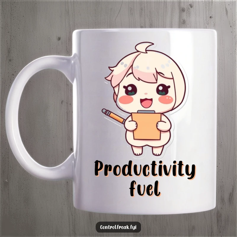 Funny mug featuring a cheerful cartoon character holding a clipboard and pen, looking very pleased with their organized plans.