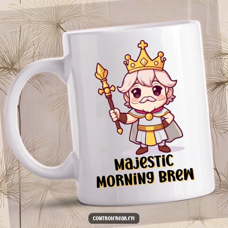 Funny mug featuring a character wearing a tiny crown and holding a scepter, striking a proud and regal pose with a humorous air.