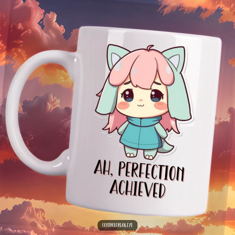 Funny Mug showing a character giving a satisfied nod while looking at a perfectly ordered scene, expressing contentment.