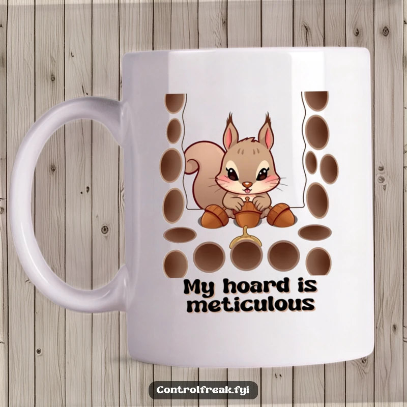 Funny mug showing a determined squirrel character trying to fit acorns into perfect holes, highlighting its orderly and comical obsession.