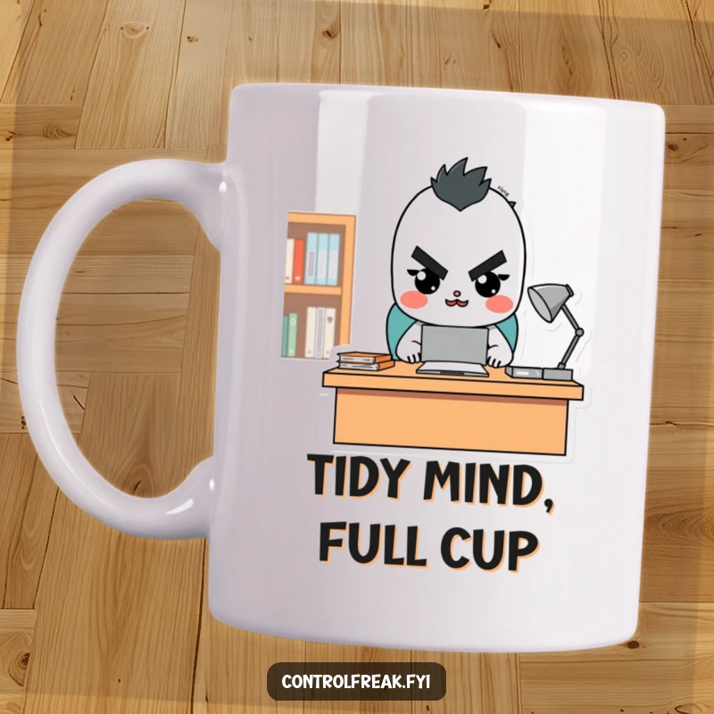Funny mug with a character looking stern but happy, overseeing a perfectly tidy desk, embodying organized humor.