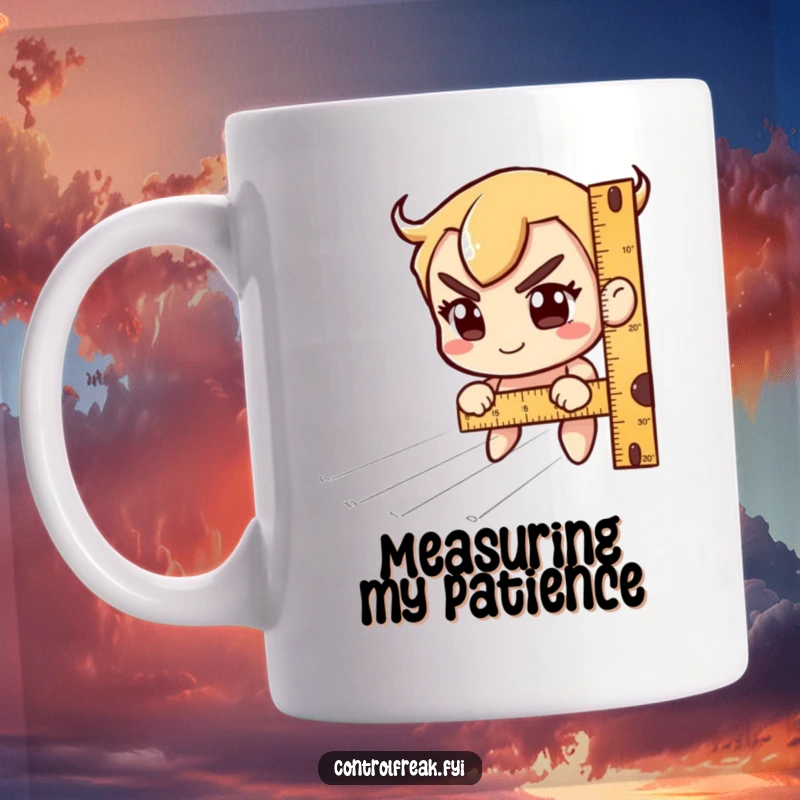 Funny Mug: Character with a ruler intensely measures invisible lines with a playful, focused smile. A perfect funny gift for thinkers.