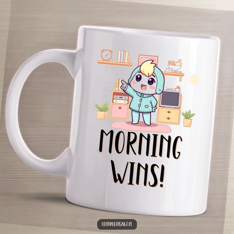 Funny mug showing a character excitedly pointing at a newly organized space, embodying enthusiasm for tidiness, perfect gift.