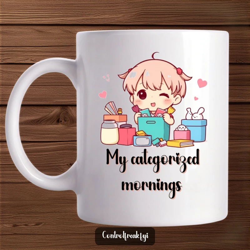 Funny Mug: Character happily sorting items into neat, labeled categories, showcasing a humorous love for organization.