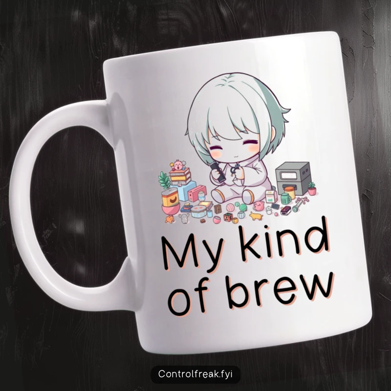 Funny mug: A character meticulously sorts tiny items into precise size categories, showcasing extreme organization.