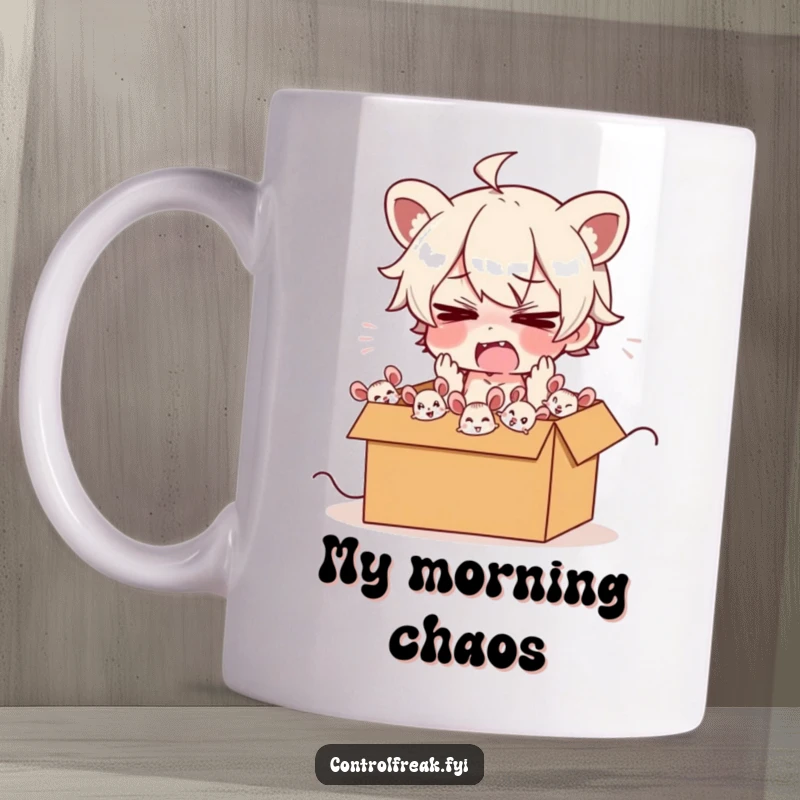 Funny mug with a frazzled character struggling to herd energetic cartoon mice into a box, embodying delightful chaos and effort.