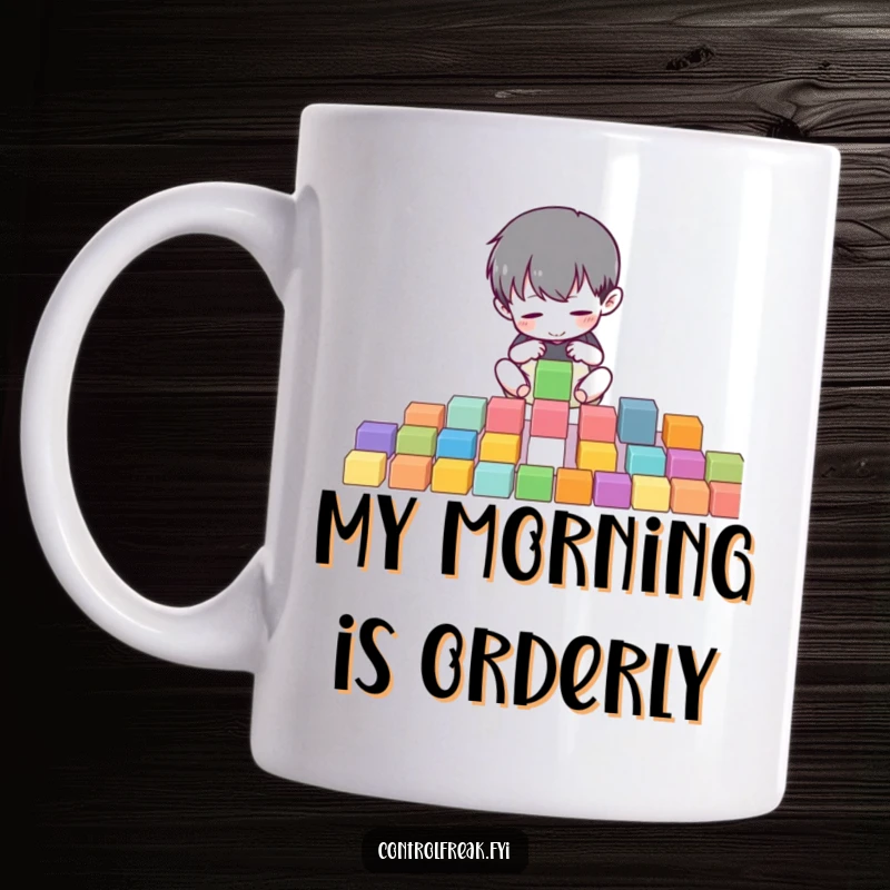 Funny mug with a small character meticulously organizing colorful blocks into perfect, neat rows.