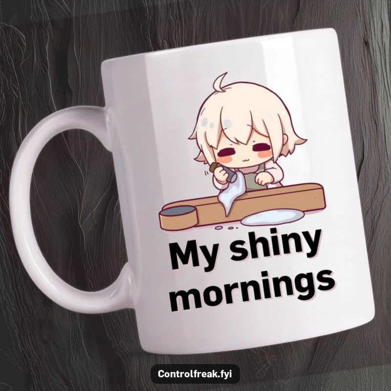Funny mug featuring a character meticulously polishing an object to an impossible shine, embodying extreme dedication and humor, a perfect shiny gift.