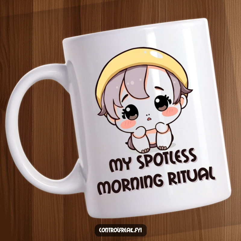 Funny mug: A cute character meticulously wipes a single, perfect circle, showcasing extreme neatness and obsession with order.