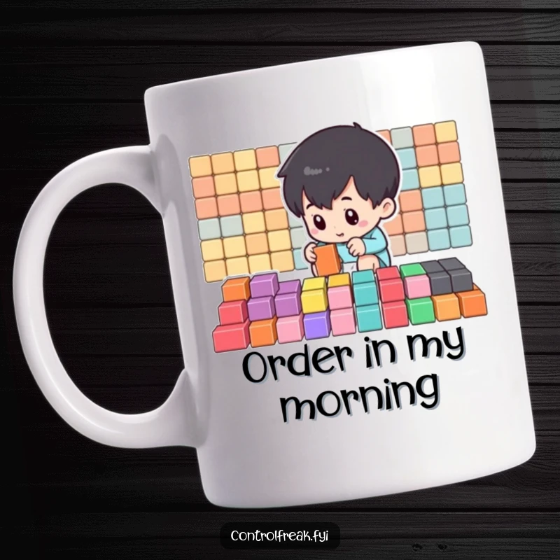 Funny Mug showing a small character diligently organizing colorful building blocks into perfectly straight rows, symbolizing order and precision.