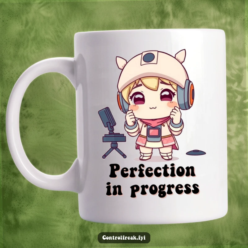 Funny mug featuring a character with a satisfied smirk adjusting perfectly aligned items, showcasing extreme order and humorous tidiness.