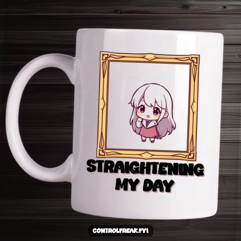 Funny mug: A character carefully adjusts a slightly tilted picture frame, showing a desire for perfect alignment.