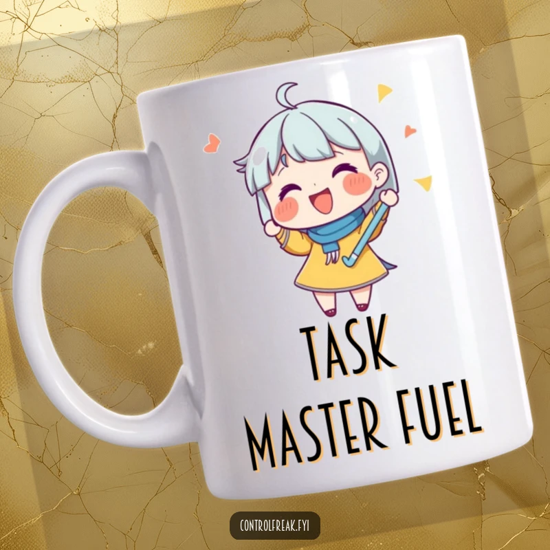 Funny mug featuring a cartoon character joyfully checking off a list with a big flourish, symbolizing productivity and success.