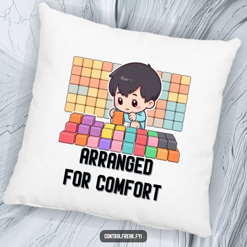 Funny Pillow with a small character arranging colorful blocks in perfect rows, offering comfort and a humorous nod to organization.