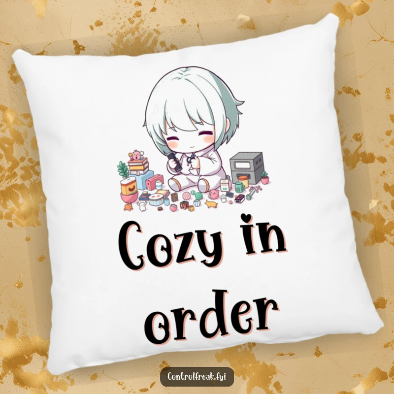 Funny pillow: A character meticulously sorts tiny items by precise size, representing extreme organization and neatness.