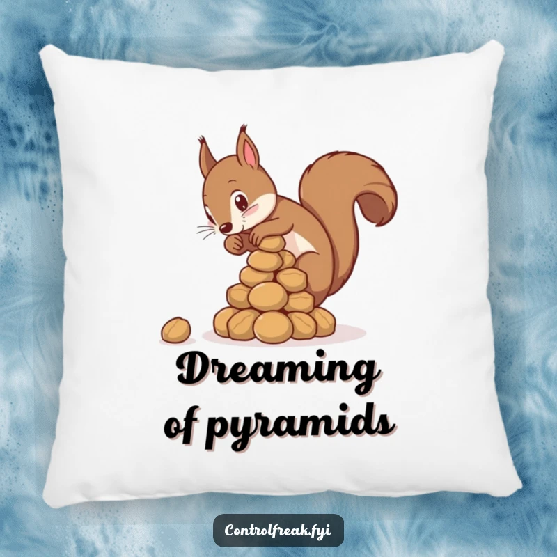 Funny squirrel pillow showing a squirrel focused on building a perfect nut pyramid, adding a quirky touch to relaxation.