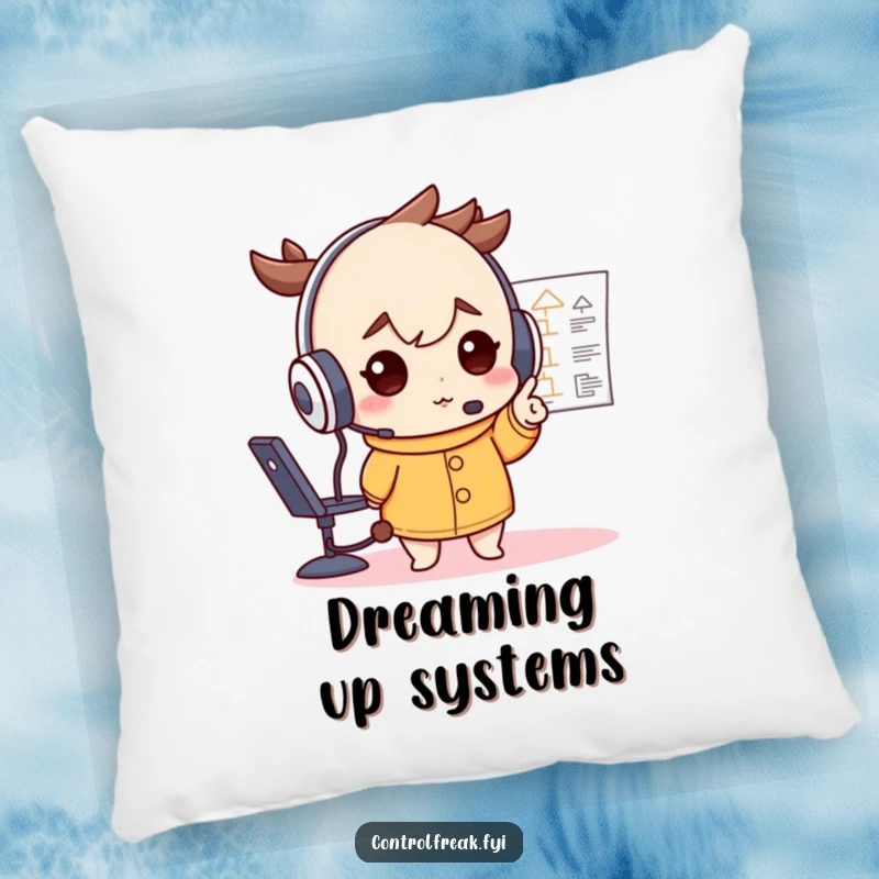 Funny pillow with a character in a large headset, deterministically pointing at a flowchart, offering comfort and a reminder of strategic thinking.