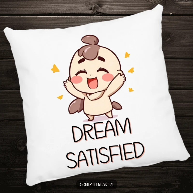 Funny pillow featuring a character making fast, ordered gestures with extreme satisfaction, offering humorous comfort and a celebratory vibe, a delightful gift.