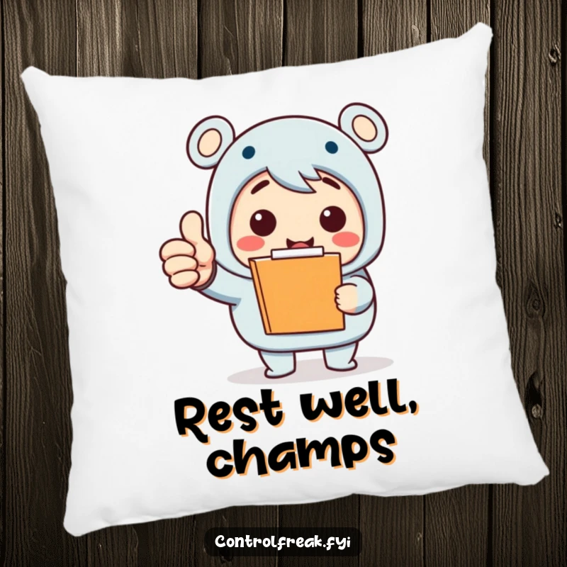 Funny Pillow: A smiling character with a clipboard offers an over-the-top thumbs-up, celebrating a small task. Soft and funny gift.