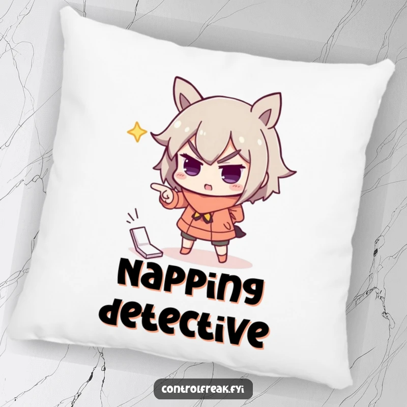 Funny pillow featuring a character dramatically pointing with great importance at a misplaced object, adding a comical touch to any room.