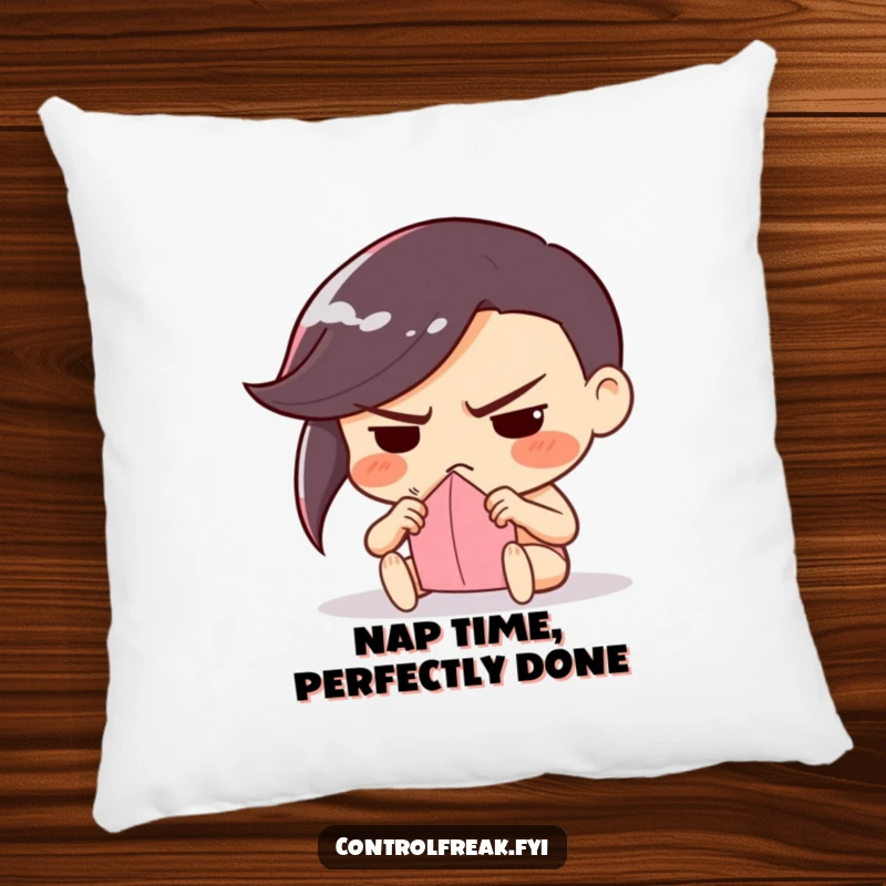 Funny pillow with a character with a determined frown, meticulously folding paper, offering comfort and a reminder of focused craft.