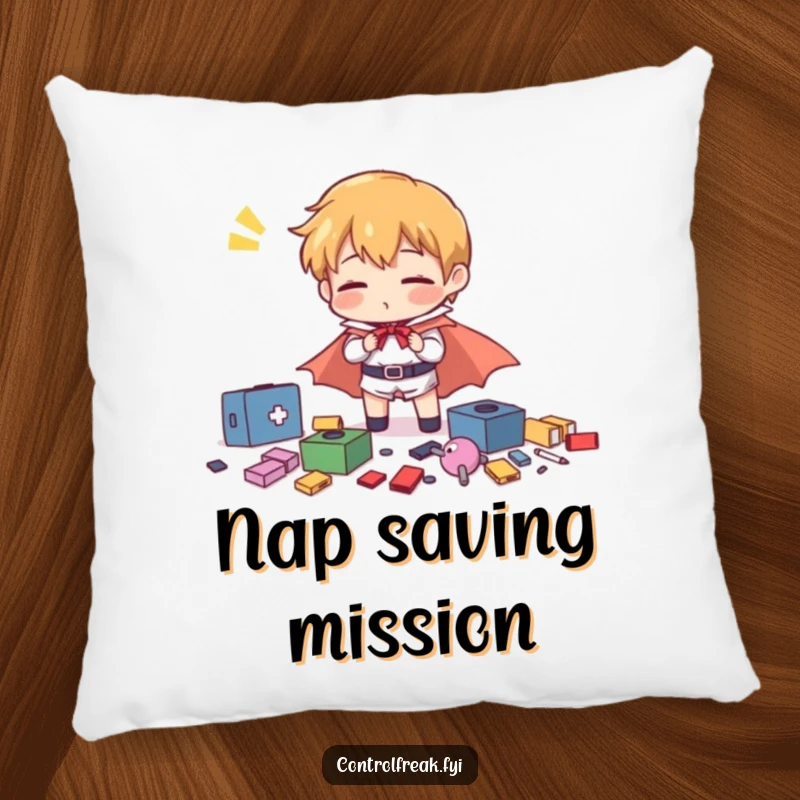 Funny character in a tiny cape comically organizing scattered items with exaggerated effort, printed on a soft, decorative pillow.